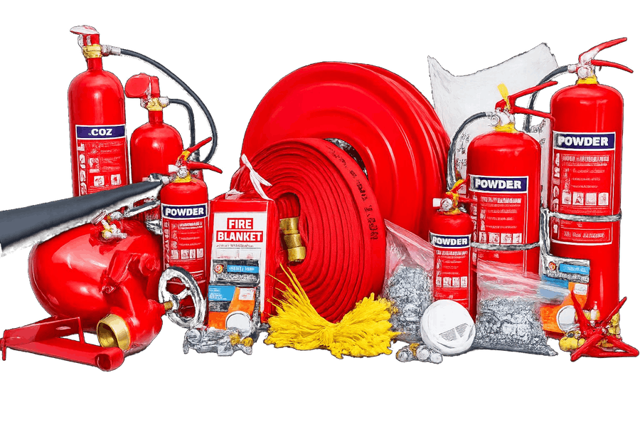 Fire safety equipment including fire extinguishers, hydrant accessories, smoke detector and hose reel